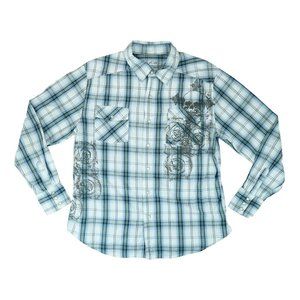 Blue Sol‎ Shirt Mens Large Plaid Western Pearl Snap Rodeo Floral Skulls